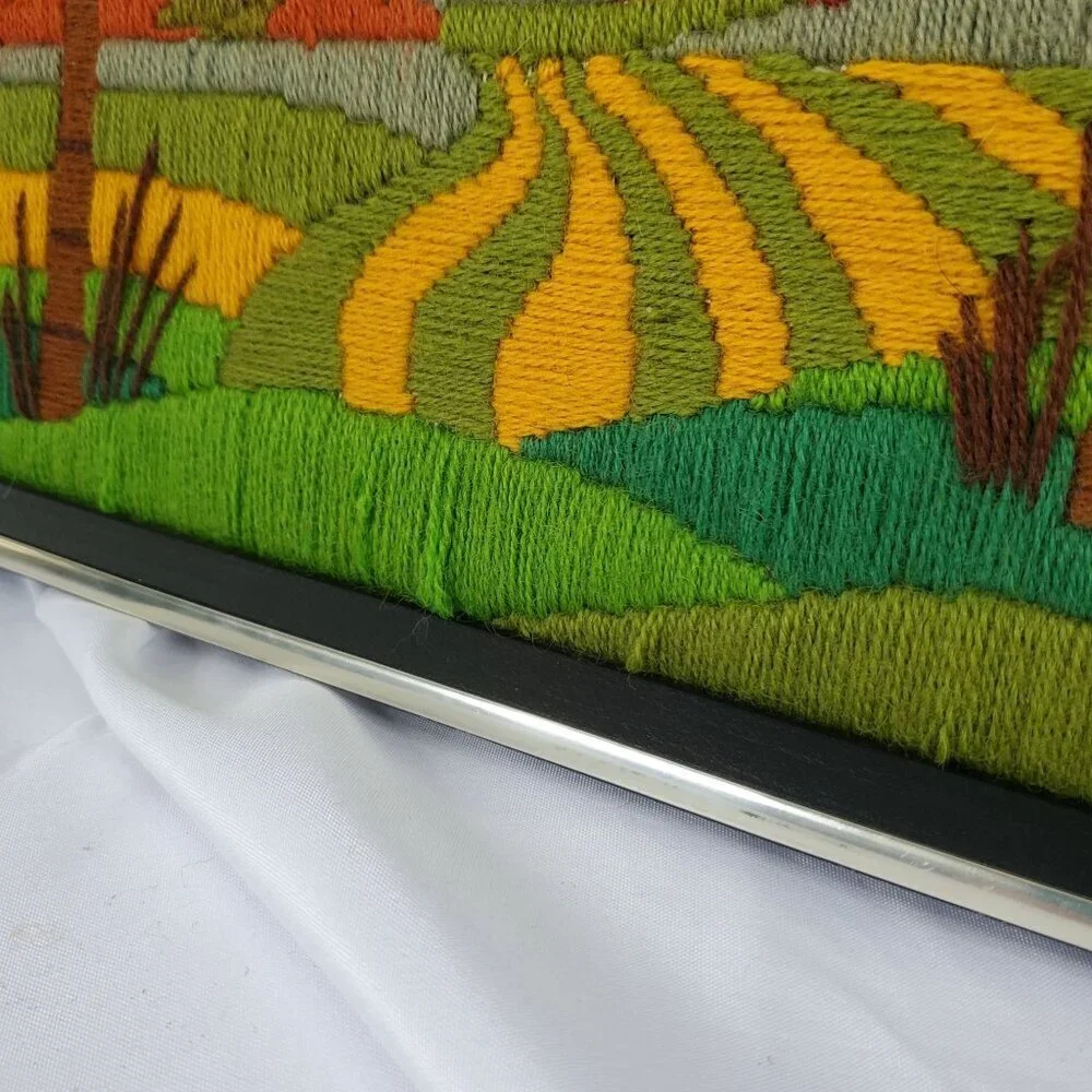 VTG 1970's Crewel Country Autumn Fall farm Scene Picture Framed Art 17”X13”